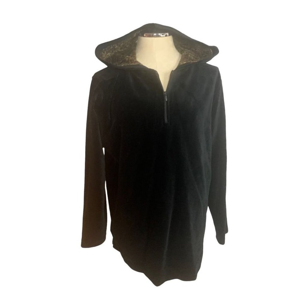 Medium Jones New York New Women's Black Corduroy Pullover 1/2 Zip Hooded Jacket